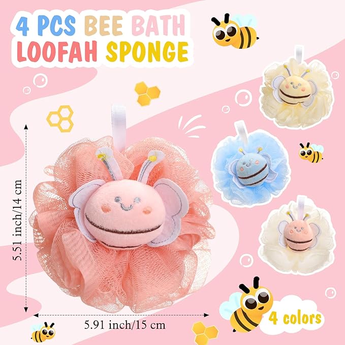 4 Pcs Bee Bath Loofah Sponge Cartoon Body Scrubber Loofah Soft Mesh Exfoliating Bath Scrubber Shower Ball for Shower Sponge Gifts Exchange Birthday Party