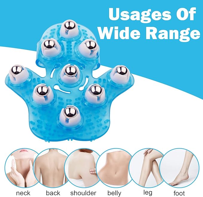Boseen Handheld Massage Ball for Muscle Back Neck Joint Foot Shoulder Leg Pain Relief - Palm Shaped Massage Tool with Roller Balls, Portable Design, Blue