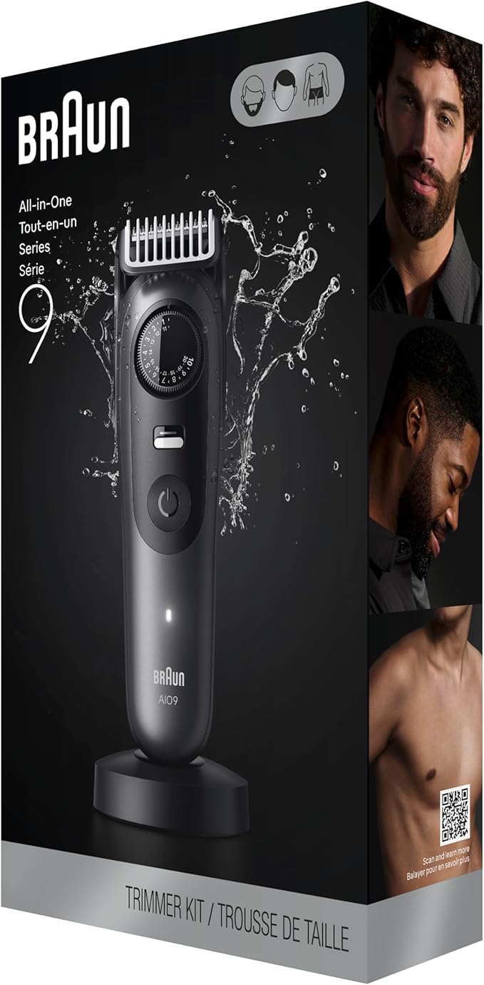 Braun All-in-One Series 9 Men’s Electric Beard Trimmer, Hair Clipper, Shaver & Razor for Face, Hair & Body, AIO 9535 with Gillette Labs Razor, Cordless