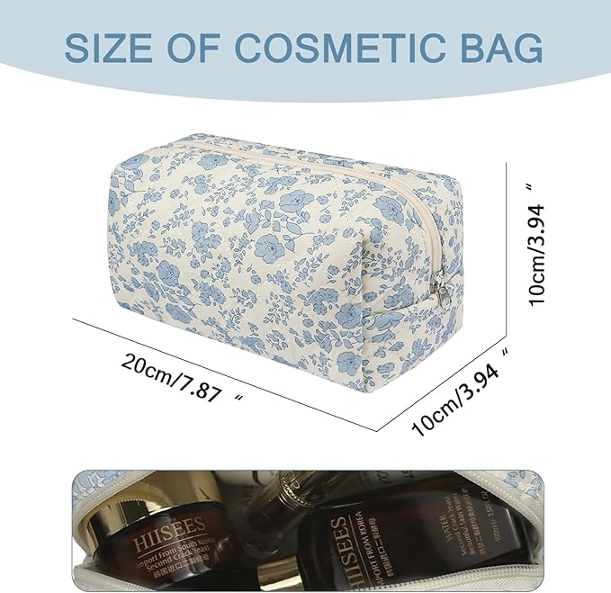 Gosect Floral Makeup Bag, Cute Cosmetic Bag for Women Girls, Quilted Cotton Make up Pouch, Travel Makeup Bags, Portable Storage Toiletry Organizer Bag(Navy Blue)