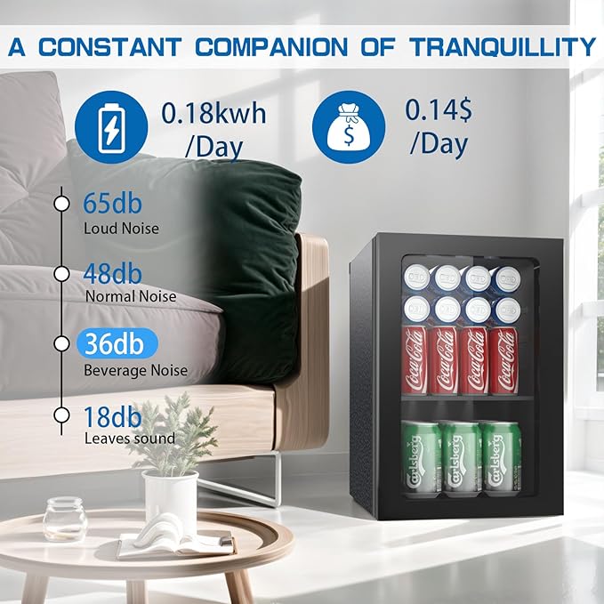 0.9 Cubic Feet Mini Fridge, 24 Can Freestanding Beverage Refrigerator with Acrylic Front Door for Soda Beer, Under Counter Small Refrigerator with Adjustable Shelves for Home Bar Office(Black)