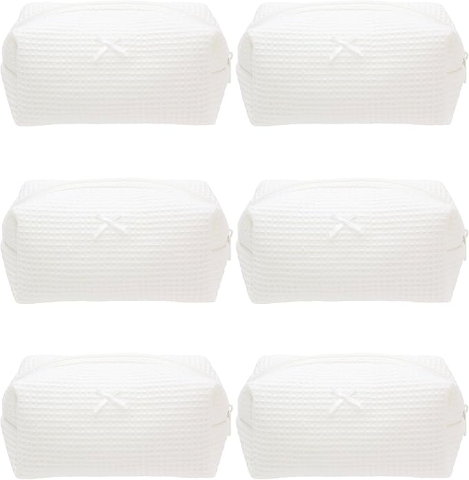 Cozy Makeup Bag for Women,Zipper Cosmetic Pouch,Waffle Cream White,6 Pack