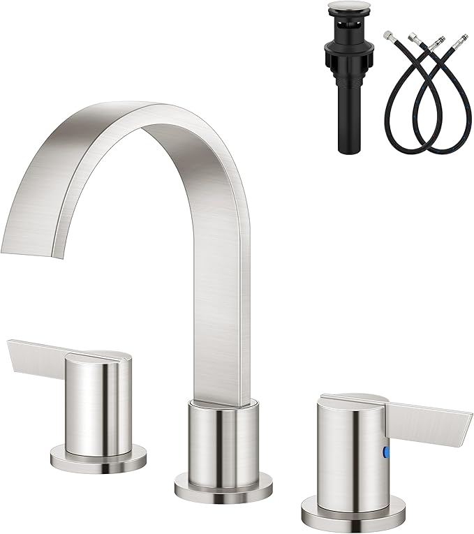 Aolemi Bathroom Faucets 3 Hole,8 Inch Widespread Waterfall Bathroom Sink Faucet,2 Handles Vanity Faucet with Pop-up Drain and Supply Hose,Brushed Nickel