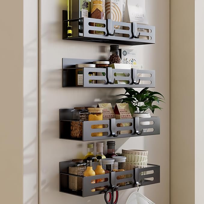 SETBAOO 4 Pack Magnetic Spice Rack for Refrigerator, Black Magnetic Shelf and Fridge Kitchen Storage Cabinet Organizers Seasoning Organization Mini Shelves, Organizadores de Cocina