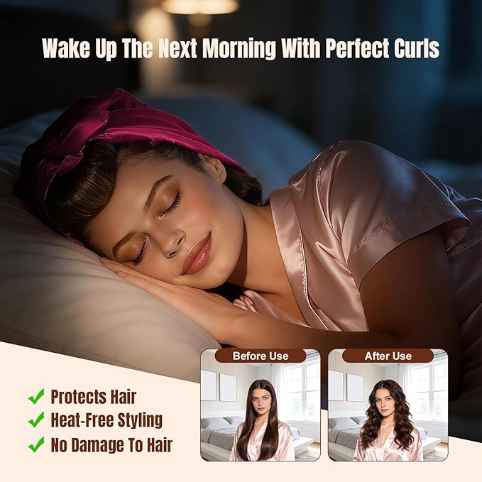 TULOBI 3 Pcs Heatless Curls Overnight - Upgraded Velvet Heatless Hair Curler with Velcro Fastener, Overnight Jumbo Blowout Rods, Hair Curlers to Sleep in for All Hair Types (Rose Red)