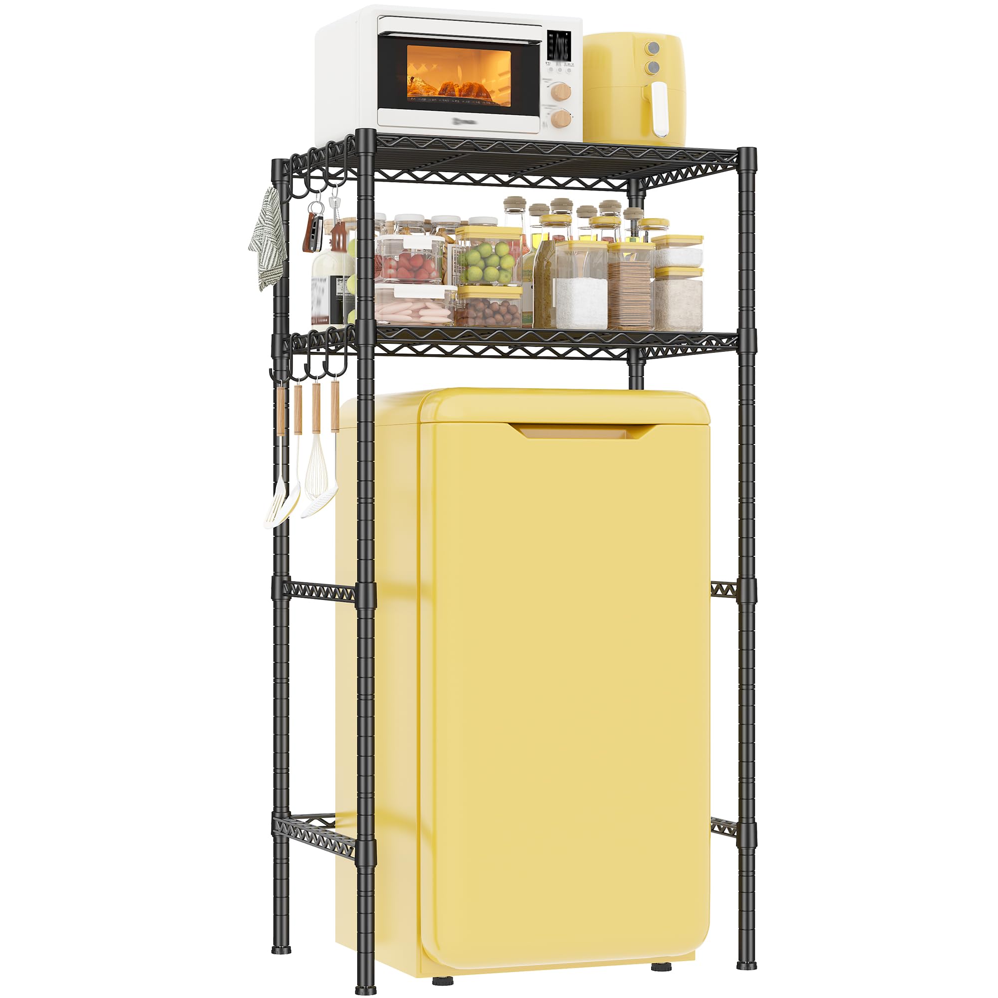 REIBII Mini Fridge Shelf with Storage, 2-Tier Adjustable Metal Shelving Unit with 8 Hooks,176 LBS Heavy Duty Organizer Rack for Dorm Room,Apartment, Kitchen and Office,52.36" H x 26.38" W x 18.1" D