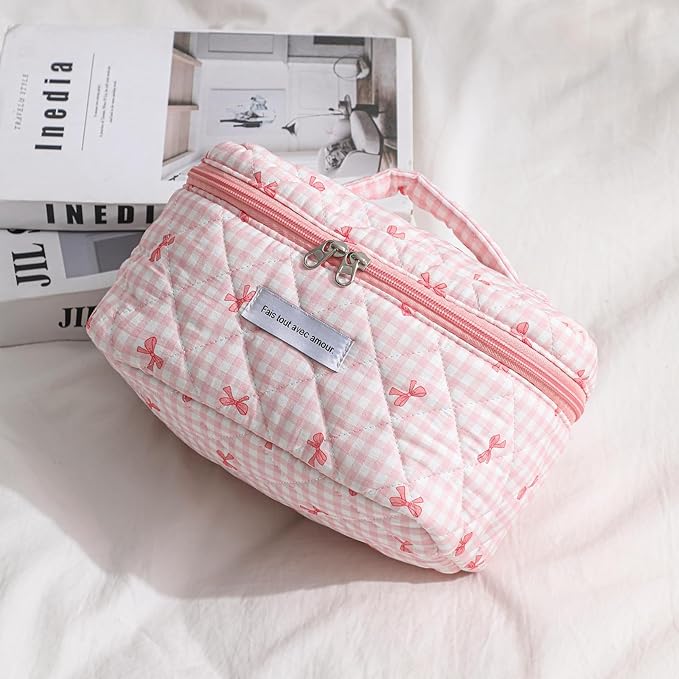 uekeboag Large Travel Quilted Makeup Bag for Women, Floral Cotton Cosmetic Bag, Coquette Aesthetic Floral Toiletry Organizer Bag(11Checker Pink Bow