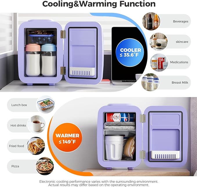 YASHE Mini Fridge, 4 Liter/6 Can Mini Makeup Fridge, 110V AC/ 12V DC Portable Thermoelectric Cooler&Warmer for Skincare, Drink, Cosmetic, Medicine, Small fridge for Bedroom, Office, Dorm, Car, Purple