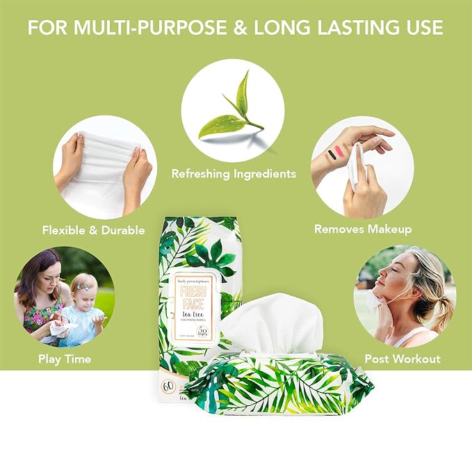Body Prescriptions Tea Tree Facial Wipes, Moisturizing, Deep Cleansing Face Towelettes, Refreshing + Nourishing, Gentle Cleansing Cloths, 50 Count (Pack of 4), Fresh,Tea Tree