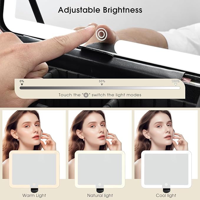 Faquenc Leather Makeup Case with LED Lighted Mirror 11.4 Inch Travel Makeup Bag Adjustable Brightness in 3 Colors Cosmetic Organizer Artist Storage Bag with Dividers Brush Holder Storage Vanity Pink