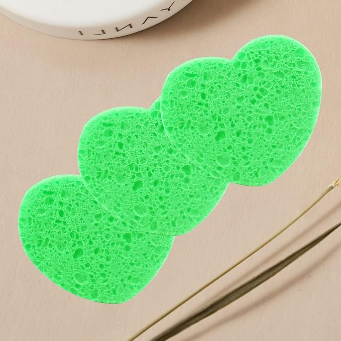100-Count Compressed Facial Sponges for Estheticians Heart Shape Natural Cellulose Sponge Professional Cosmetic Spa Sponges for Face Cleansing, Massage, Pore Exfoliating, Mask, Makeup Removal, Green