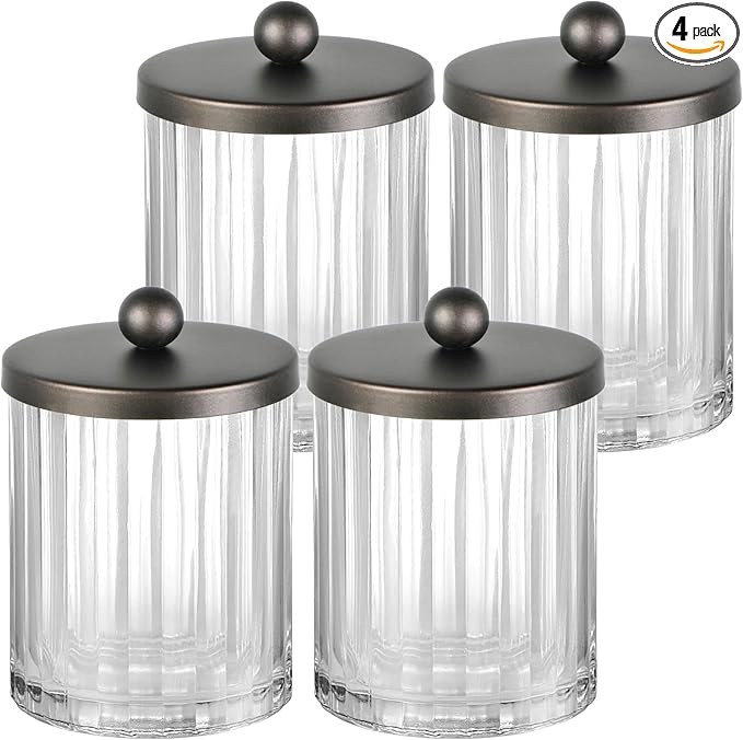 Amolliar Apothecary Jars Bathroom Vanity Storage Organizer Set, Countertop Canister with Stainless Steel Lid & Cute Stickers, Qtip Holder Dispenser for Cotton Swabs, Balls, Makeup Pads(Bronze, 4 Pack)