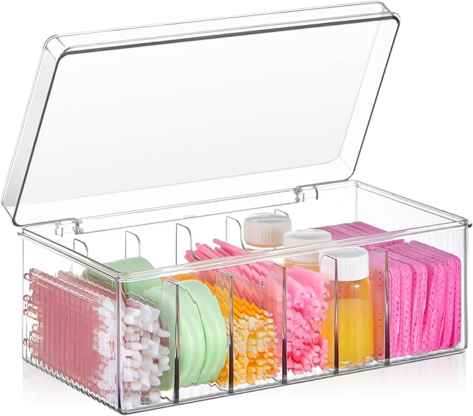 1 Pcs 8.5 x 4.9 x 3.5 Inch Large Capacity Acrylic Lash Extension Cart Organizers and Storage 6 Divided Eyelash Extension Supply Storage Box Clear Eyelash Cart with Lid Technician Lash Techs