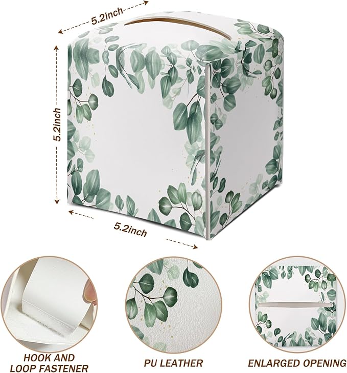 Eucalyptus Leaves Tissue Box Cover Square with Bottom Belt, Leather Waterproof Tissue Holder Facial Paper Case for Tabletop Home Office Bathroom Car Decor -02