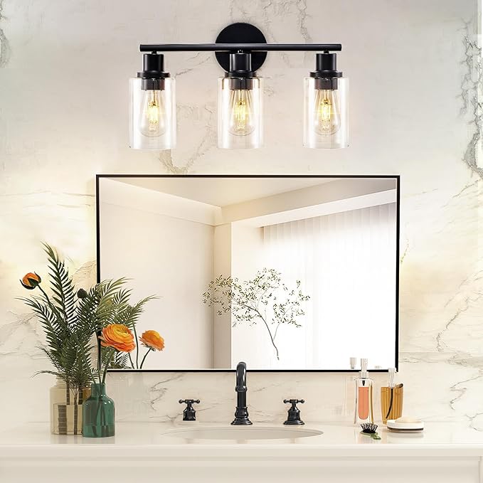 DLLT 3-Light Bathroom Light Fixtures: 18.51" Black Modern Vanity Lights with Clear Glass Shade - Bathroom Wall Lamp for Mirror Kitchen Living Room Hallway Cabinet Porch