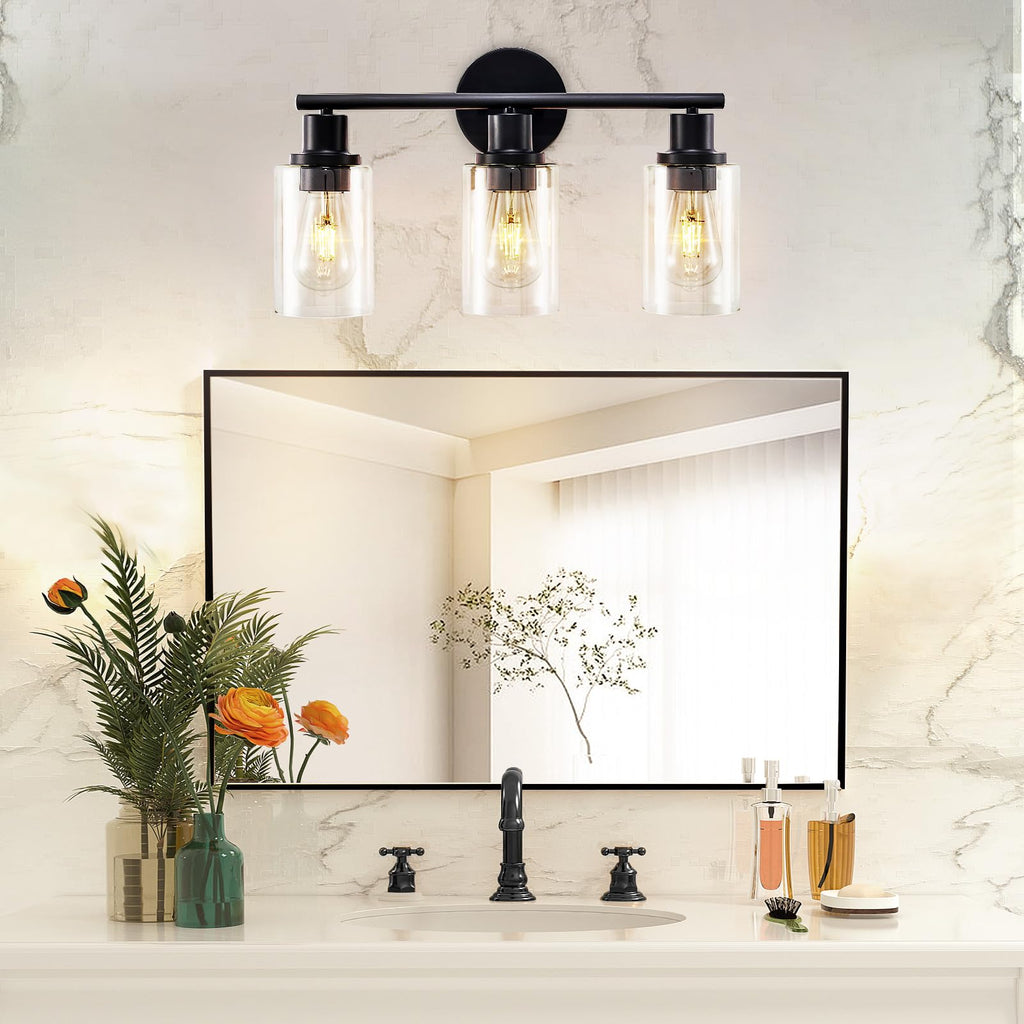 DLLT 3-Light Bathroom Light Fixtures: Set of 2 Black Modern Vanity Lights with Clear Glass Shade - 18.51" Bathroom Wall Lamp for Mirror Kitchen Living Room
