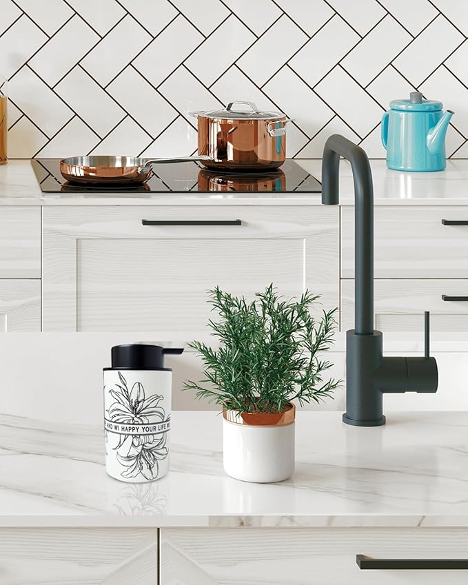 Ceramic White Liquid Soap Dispenser for Bathroom & Kitchen,Lily Pattern Hand Sanitizer Bottle,Chic Home Deco (Liquid)