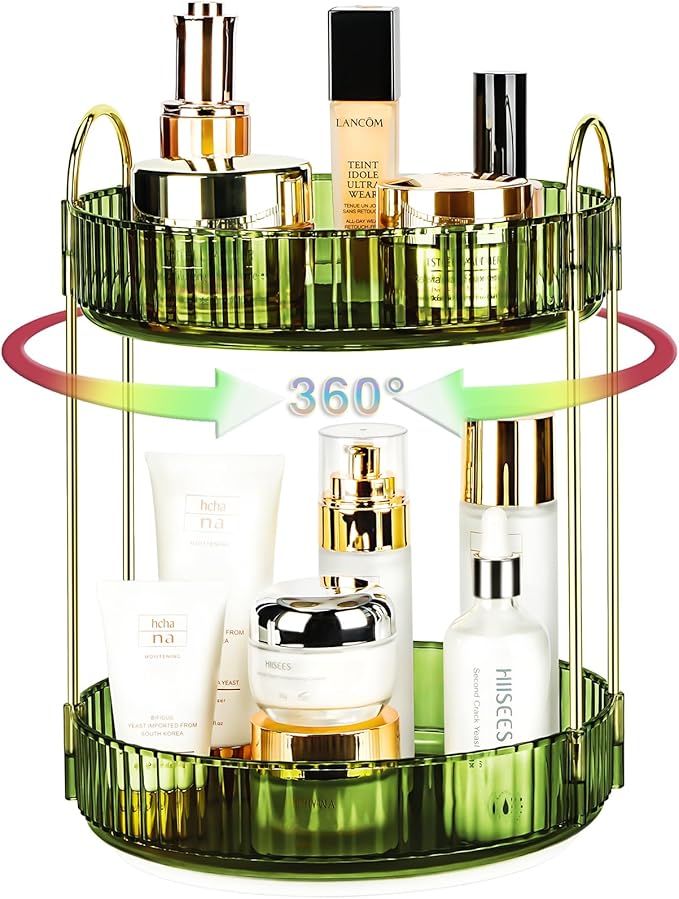 Niluks 360 Rotating Makeup Organizer, 2 Tier Lazy Susan Bathroom Counter Organizer, Skincare Organizers, Spinning Perfume Organizer & Vanity Organizer Countertop (Gem Green, 2 Tier)