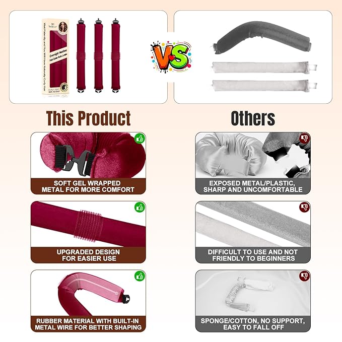 BLAAROOM Overnight Heatless Hair Curler, Upgraded with Hair Pad Grippers Satin Jumbo Flexi Blowout Curls Rods, 3pcs No-Heat Styling Tools Curling Rod to Sleep in for All Hair Types - Wine Red