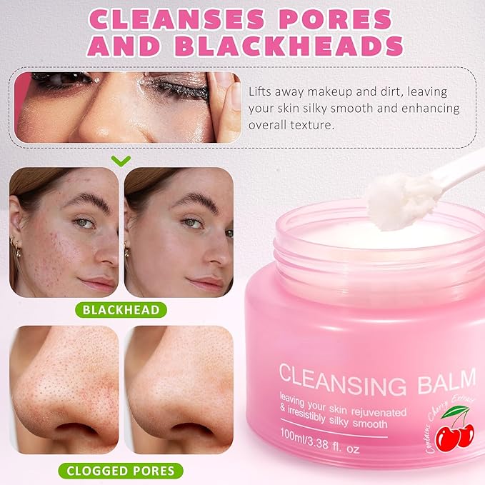 XIAMOFUZHOU Cleansing Balm Makeup Remover - 3.38 Oz Cherry Scented Moisturizing Hydrating Deep Nourishing Travel-friendly Smooth Face Cleanser Makeup Remover Clear Cleansing Balm for All Skin Types