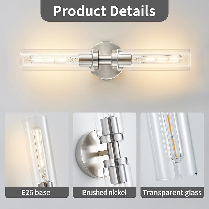 2 Light Bathroom Wall Sconces Set of 2,Modern Farmhouse Brushed Nickel Bathroom Light Fixture Over Mirror with Clear Glass Shade,Vanity Light for Hallway Cabinet Bedroom Stairway Porch