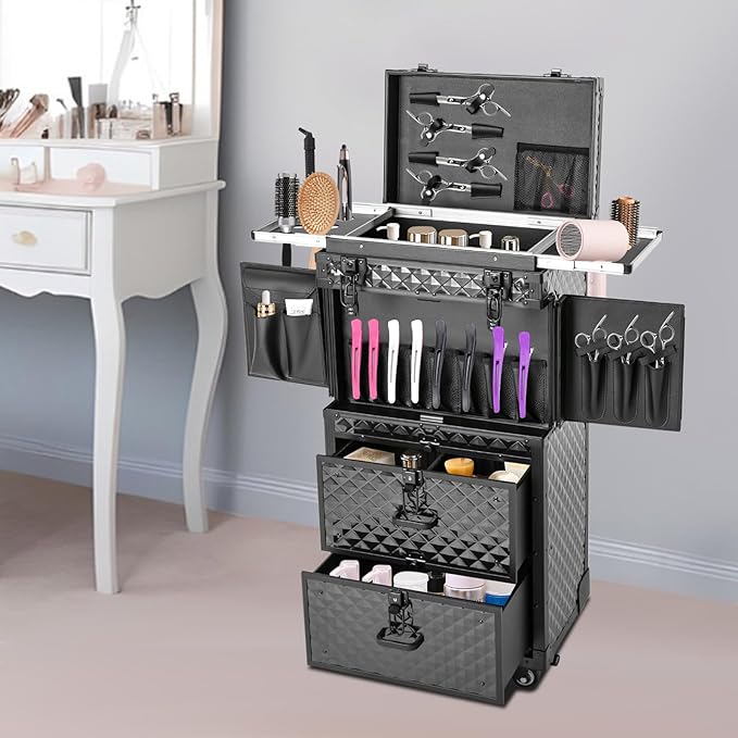 RocoReny Rolling Lockable Makeup Train Case With Metal Universal Wheel, Cosmetic Storage Box Cases, 32In-Retro Travel Organizer Tool Box w/Combination Locks for Stylist, Beauty, Makeup Artist (Black2)