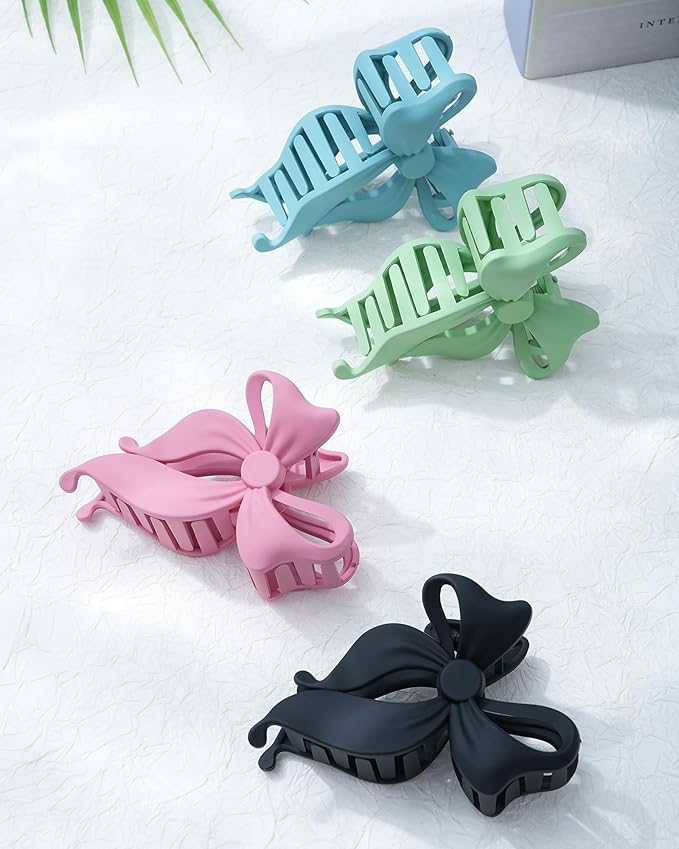 4 PCS Bow Hair Clips Bow Claw Clip for Women, Large Hair Claw Clips for Thin Thick Long Hair Cute Nonslip Bows (Blue+Pink+Green+Blue+Black)