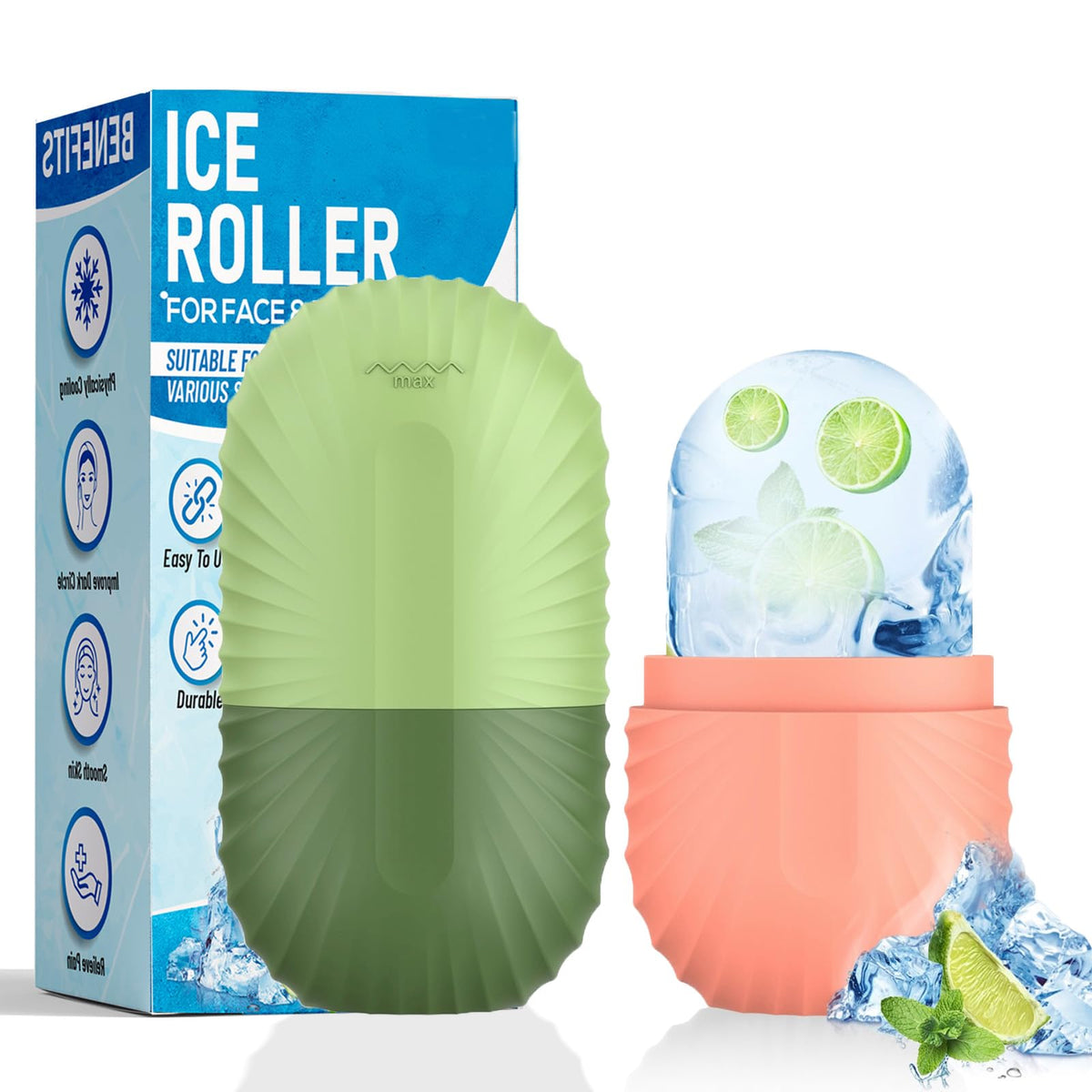 Ice Roller for Face and Eye, Silicone Ice Facial Roller Ice Holder, Face Ice Mold Skin Care, Face Icers Reusable Ice Cube Roller for Shrink Pores Anti Wrinkle Reduce Puffiness, Green