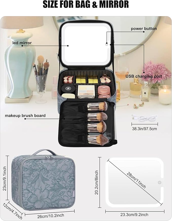 Relavel Travel Makeup Bag With LED Mirror for Women, Cosmetic Organizer Bag with Adjustable Brightness in 3 Color Scenarios, Detachable Dividers, Waterproof Train Case for Daily - Dark Blue FLower