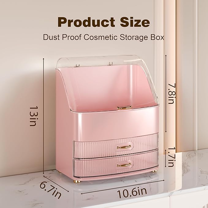 Plukers Makeup Organizer Countertop Vanity with Transparent Lid Drawers Waterproof Dustproof Cosmetic Skincare Bathroom Storage Gift for Women Teens Girls (Pink)
