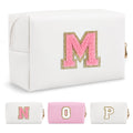 Personalized Makeup Bag Initial A-Z Preppy Patch Bag,Small PU Leather Travel Cosmetic Bag Pouch with Zipper,White Cute Toiletry Bag,Gift Ideal for Teen Girls Women Birthday Friend Mom,Letter M