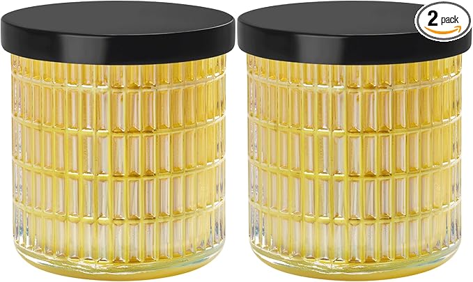 Qtip Holder for Bathroom set of 2, Clear Glass Apothecary Jars with Lids, Bathroom Canisters for Cotton Balls,Swabs,Floss Picks,Hair Ties,Vanity Organizer and Storage,Vintage Decor (Yellow)