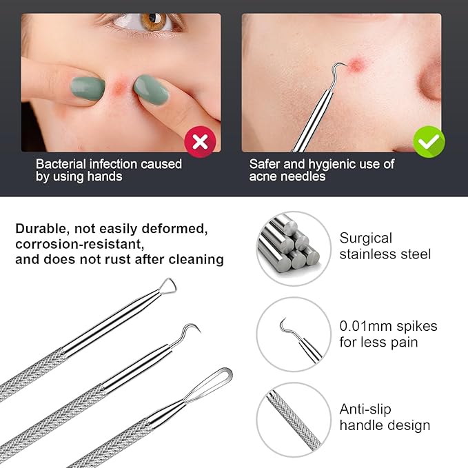 Meidaier 7Pcs Blackhead Remover Kit, Stainless Steel Acne Comedone Extractor with 10X Magnifying Glass & 20 75% Alcohol Pads, Pimple Whitehead Blemish Removal, Anti-Slip Handle & Storage Box