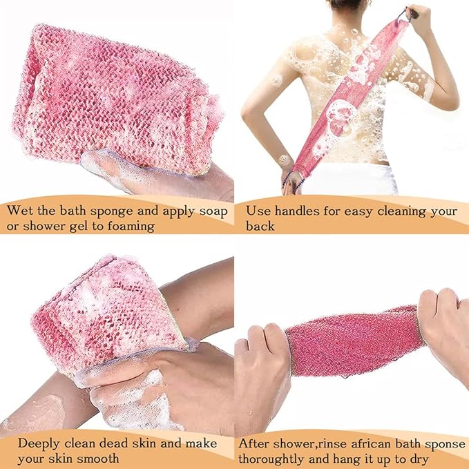 African Net Sponge Authentic - 3 Pcs Exfoliating Net Sponge with Mit Engmaschigem Design for Body & Back Scrubber, 31.5-Inch Long Bath Sponge for Shower, Skin Smoothing Washcloth (Pink, Yellow, White)