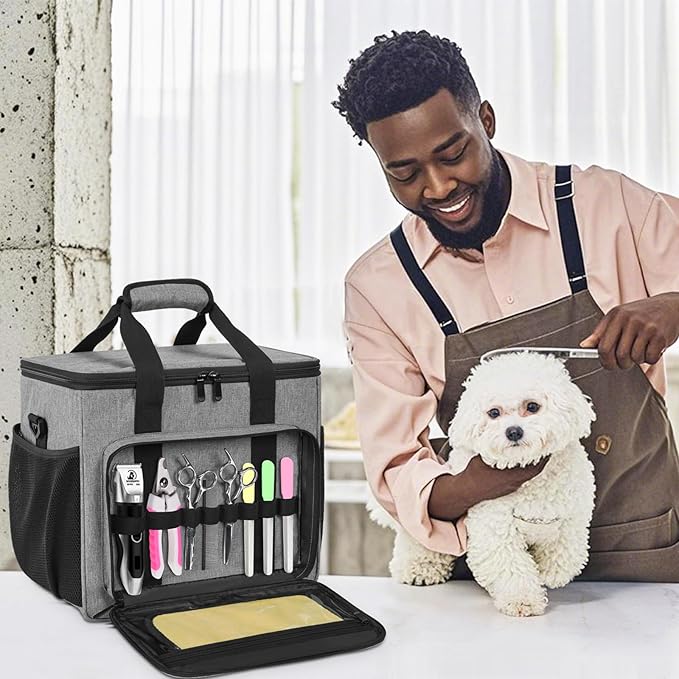 GMAK Pet Grooming Bag, Dog Grooming Tote Bags Supplies Organizer Case Pets Tools Organizer Tote for Dog Cat Grooming Tool Kit and Accessories, Grey(Bag Only)