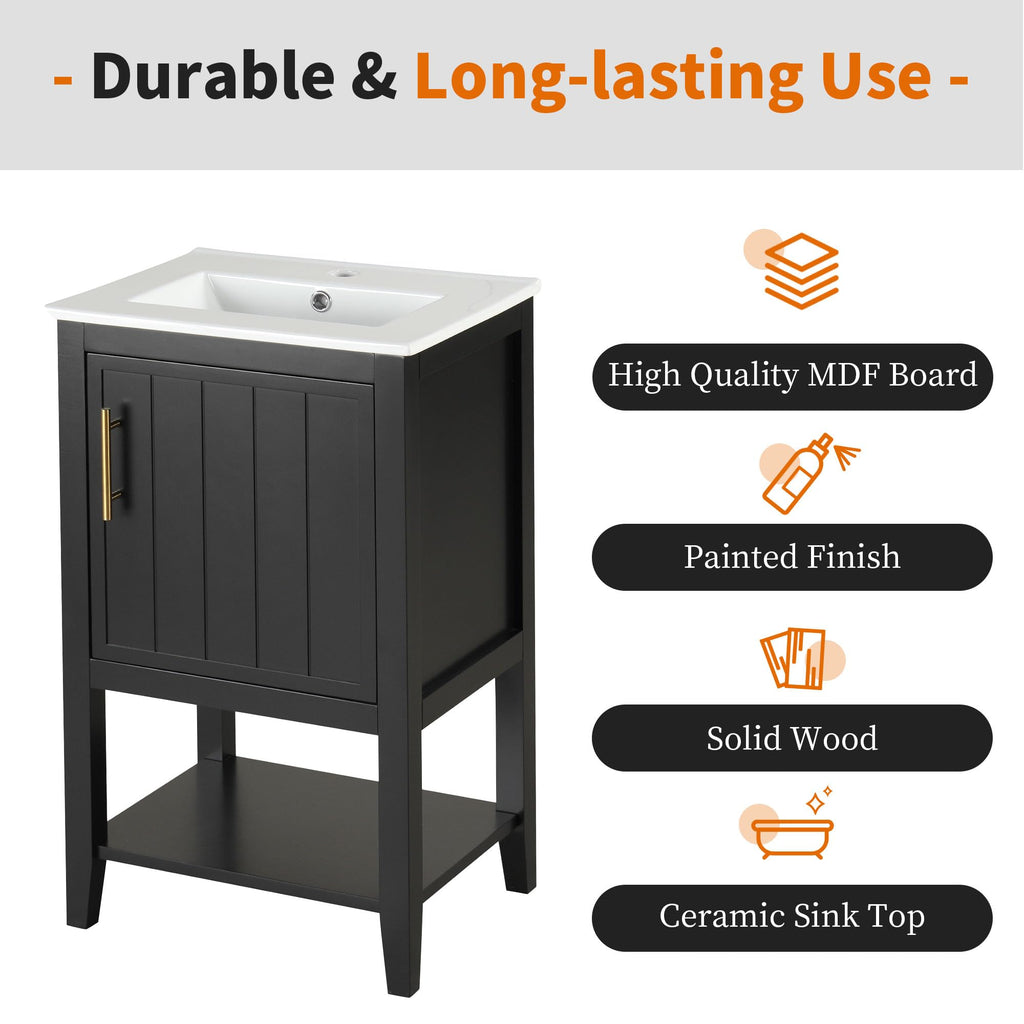 Bellemave 20" Small Bathroom Vanity with Sink, Modern Bathroom Storage Cabinet with Door and Storage Rack, Free Standing Single Basin Vanity with Open Shelf, Undermount Ceramic Sink, Black