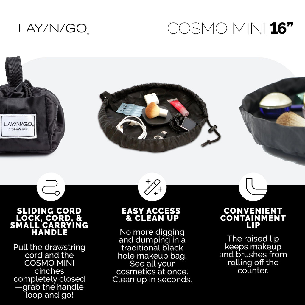 Lay-n-Go Cosmo Layflat Drawstring Cosmetic & Makeup Bag Organizer w/Zipper Pocket, Brush Loops & More, Cinch to Close, Lay Flat to Use, Durable, Machine Wash, Travel Toiletry Bag (16", Black)
