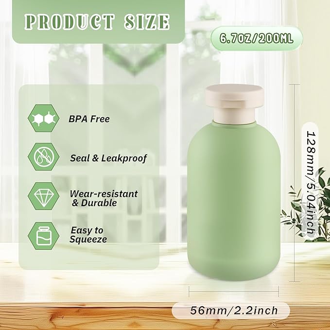DMuuuDM 9 Pcs 6.8 oz Plastic Squeeze Bottles with Flip Cap,Empty Refillable Travel Shampoo Bottle Containers for Creams, Lotion,Body Wash, Conditioner,Silicone Funnel Included-Green