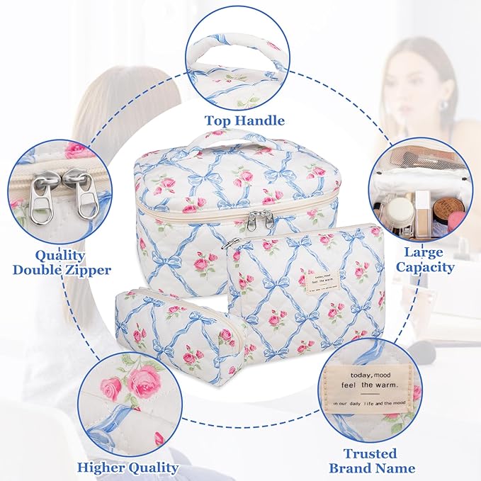 Gosect Makeup Bag Set, Quilted Makeup Bag, Large Floral Cosmetic Bag for Women, Cute Cotton Makeup Bags, Flower Travel Toiletry Organizer Bag (Blue Flower)