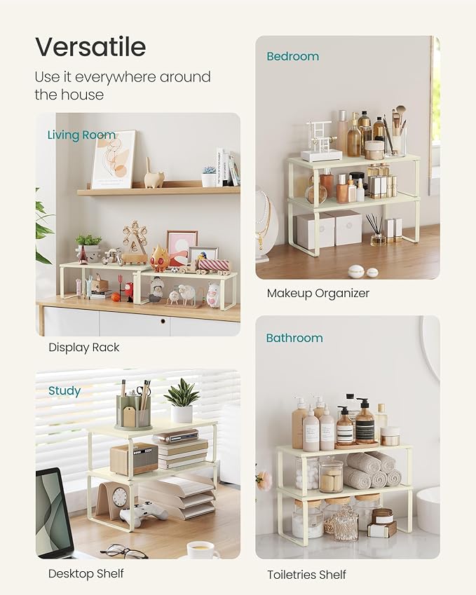 SONGMICS Cabinet Organizer Shelf, Set of 2 Kitchen Counter Shelves, Kitchen Storage, Spice Rack, Stackable, Expandable, Metal and Engineered Wood, 15.6 Inches, Cream White UKCS200W02