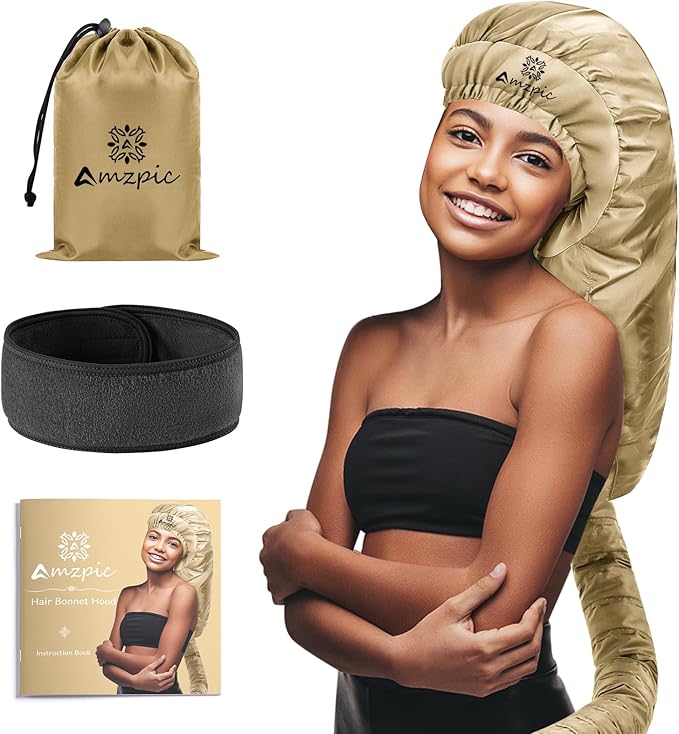 Bonnet Hair Dryer Attachment - Bonnet Hood Dryer with Headband That Reduces Heat Around Ears and Neck, Use for Hair Styling, Hair Drying, Curling and Deep Conditioning (Extended Version, Gold)