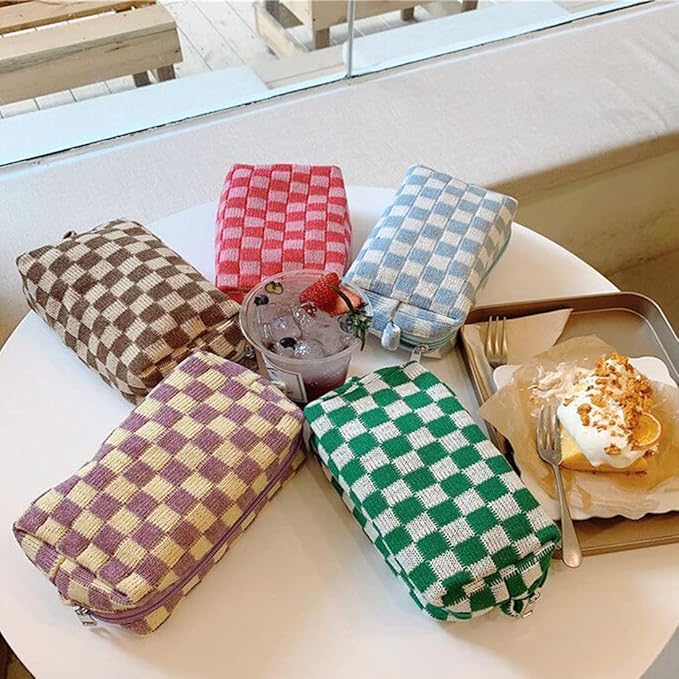 SxoSyo 2 Pcs Checkered Cosmetic Bags, Make up Brushes Cases, Blue