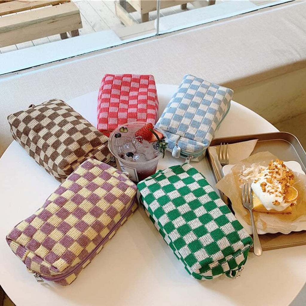 SxoSyo 2 Pcs Checkered Makeup Bags, Make up Brushes Pouches, Purple