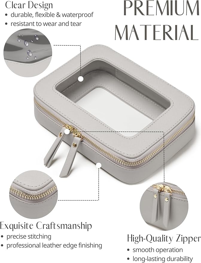 Popvibe Clear Makeup Case Toiletry Bag Travel Medium Clear Cosmetic Bag with Zipper, Small Make Up Bag Organizer Traveling TSA Approved Transparent Bag Car for Essentials, Beige Grey