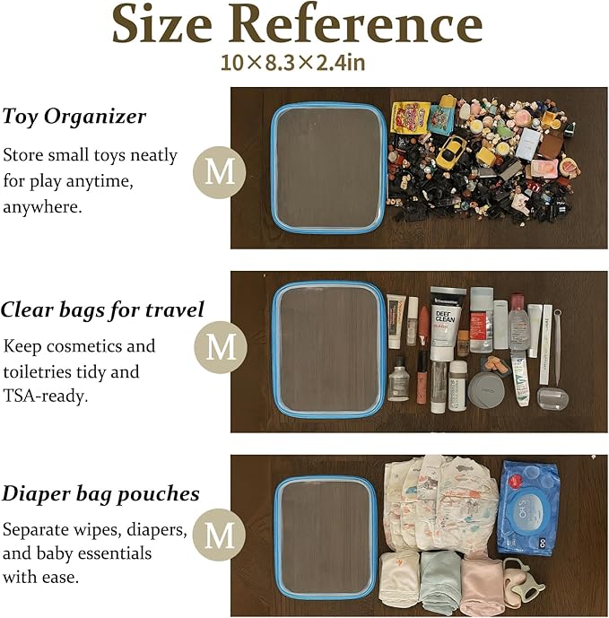 WELPIRT 4 pcs Clear Zipper Pouches,Hard Shell Zipper Case, Toiletry Bag for Travel, CLear Diaper Bag, Toiletry Pouch, Travel Organizer, Cosmetic Bag,Toy Storage Bins (M+3S) (Blue)
