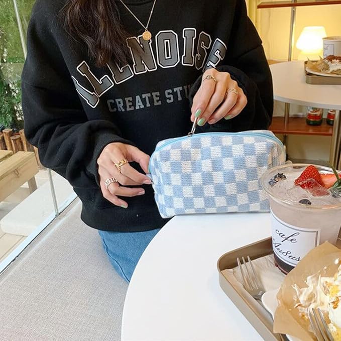SxoSyo 2 Pcs Checkered Cosmetic Bags, Make up Brushes Cases, Blue