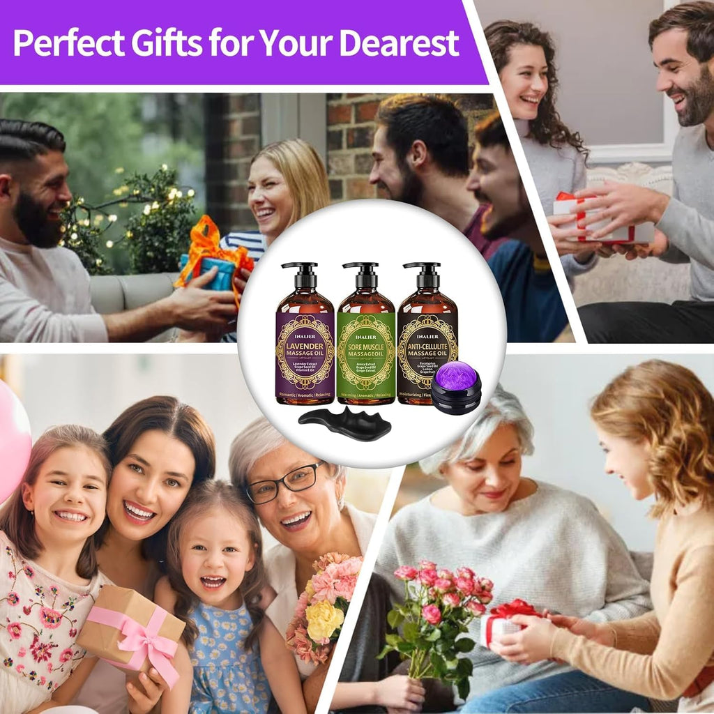Massage Oil for Massage Therapy,3 Pack Cellulite Massage Oil,Sore Muscle Arnica Oil & Lavender Massage Body Oil with Massage Ball & Thumb Saver Tool,Mens Gifts,Birthday Gifts for Women and Men
