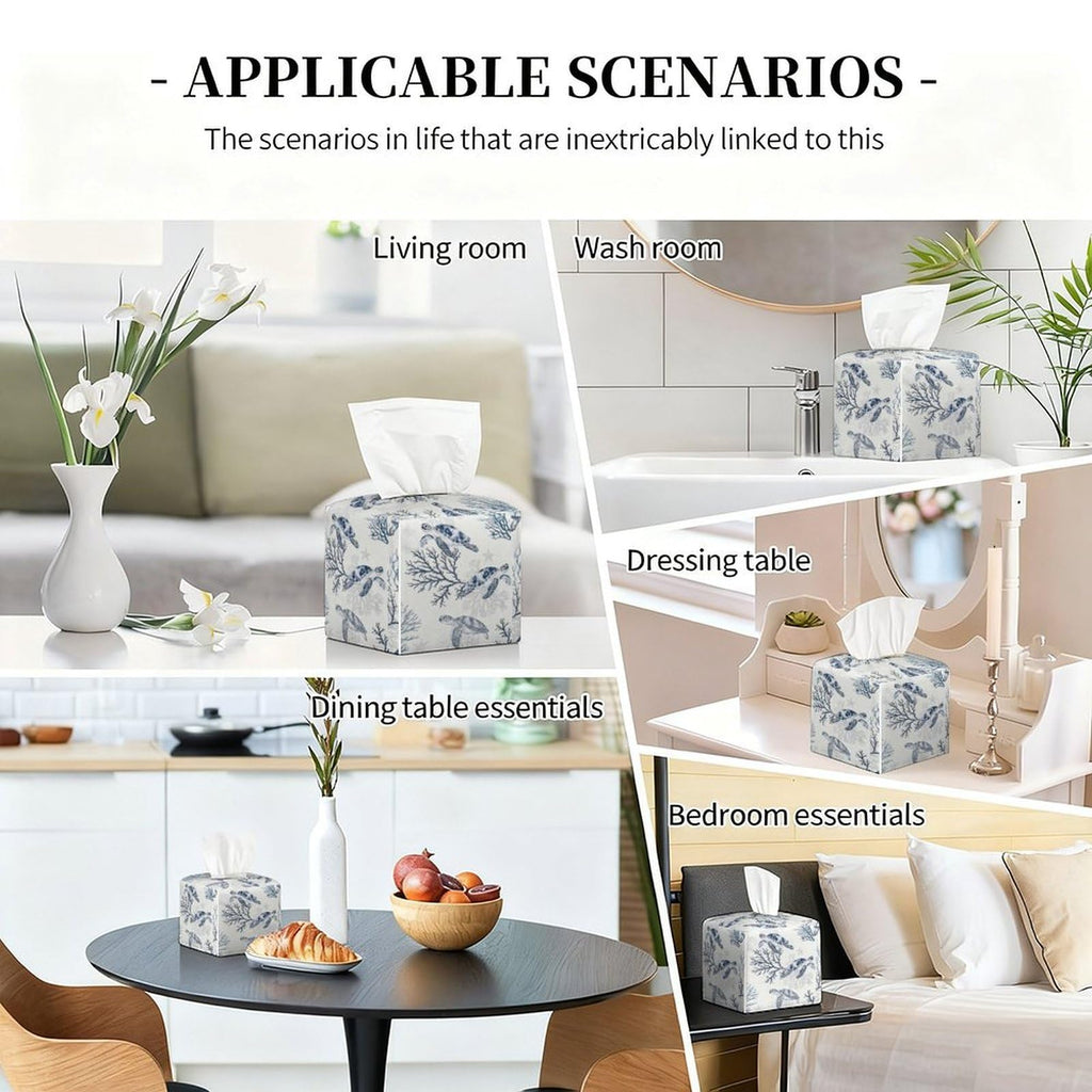 Sea Turtle Tissue Box Cover Leather Tissue Box Holder Square Facial Paper Organizer Dispenser for Bathroom Kitchen Bedroom Vanity Countertop Night Stands