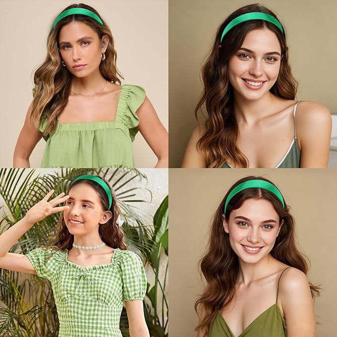 Wecoe 10 Pack Green Headbands 1 Inch Wide Satin Headbands Women Non Slip Fashion Plain Head Bands Solid Hair Bands DIY St. Patrick's Day Hair Accessories for Women Girls Diademas Para Mujer