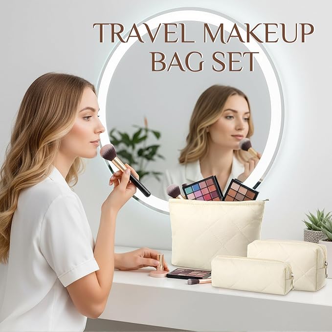 Paterr 3 Pcs Quilted Makeup Bag Set Back to School Favor Small Bridesmaid Cosmetic Bag Aesthetic Travel Pouch Cute Purse Pencil Case Makeup Storage Organizer for Women Birthday Gift(Cotton,Beige)